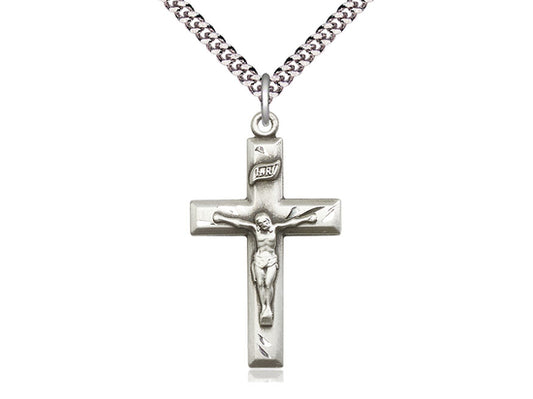 Sterling Silver Crucifix Pendant on a 24 inch Light Rhodium Heavy Curb Chain - Unique Catholic Gifts