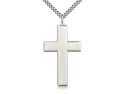 Sterling Silver Cross Pendant on a 24 inch Light Rhodium Heavy Curb Chain - Unique Catholic Gifts