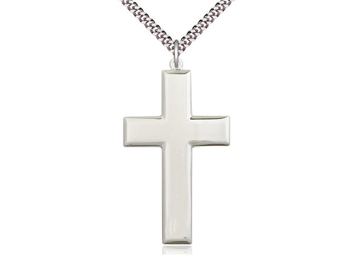 Sterling Silver Cross Pendant on a 24 inch Light Rhodium Heavy Curb Chain - Unique Catholic Gifts