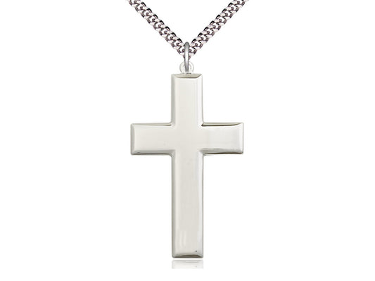 Sterling Silver Cross Pendant on a 24 inch Light Rhodium Heavy Curb Chain - Unique Catholic Gifts
