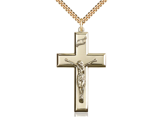14kt Gold Filled Crucifix Pendant on a 24 inch Gold Plate Heavy Curb Chain - Unique Catholic Gifts
