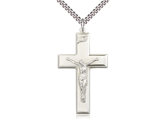Sterling Silver Crucifix Pendant on a 24 inch Light Rhodium Heavy Curb Chain - Unique Catholic Gifts