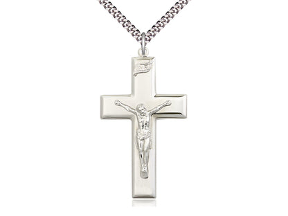 Sterling Silver Crucifix Pendant on a 24 inch Light Rhodium Heavy Curb Chain - Unique Catholic Gifts