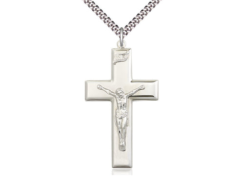 Sterling Silver Crucifix Pendant on a 24 inch Light Rhodium Heavy Curb Chain - Unique Catholic Gifts