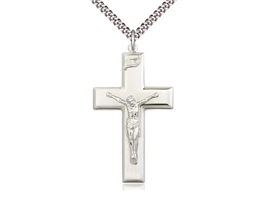 Sterling Silver Crucifix Pendant on a 24 inch Light Rhodium Heavy Curb Chain - Unique Catholic Gifts
