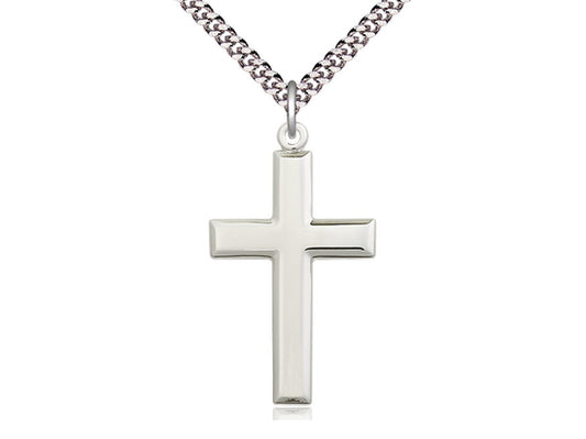 Sterling Silver Cross Pendant on a 24 inch Light Rhodium Heavy Curb Chain - Unique Catholic Gifts