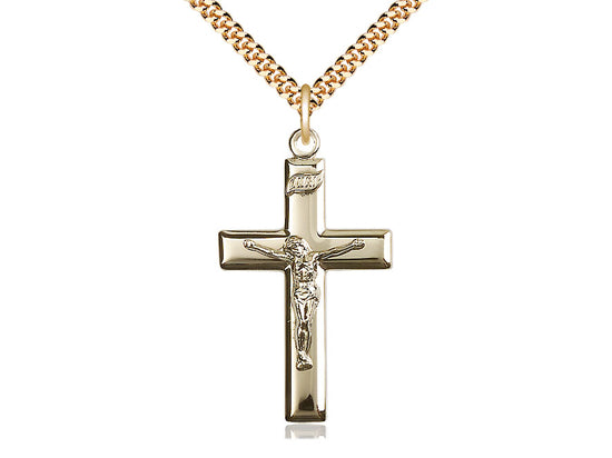 14kt Gold Filled Crucifix Pendant on a 24 inch Gold Plate Heavy Curb Chain - Unique Catholic Gifts