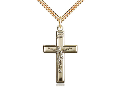 14kt Gold Filled Crucifix Pendant on a 24 inch Gold Plate Heavy Curb Chain - Unique Catholic Gifts