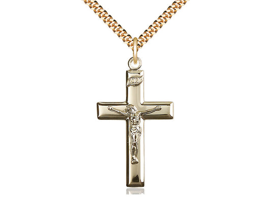 14kt Gold Filled Crucifix Pendant on a 24 inch Gold Plate Heavy Curb Chain - Unique Catholic Gifts
