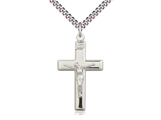 Sterling Silver Crucifix Pendant on a 24 inch Light Rhodium Heavy Curb Chain - Unique Catholic Gifts