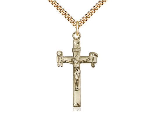 14kt Gold Filled Crucifix Pendant on a 24 inch Gold Plate Heavy Curb Chain - Unique Catholic Gifts