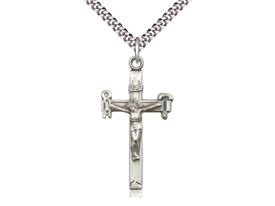 Sterling Silver Crucifix Pendant on a 24 inch Light Rhodium Heavy Curb Chain - Unique Catholic Gifts