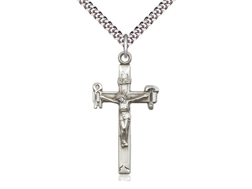 Sterling Silver Crucifix Pendant on a 24 inch Light Rhodium Heavy Curb Chain - Unique Catholic Gifts