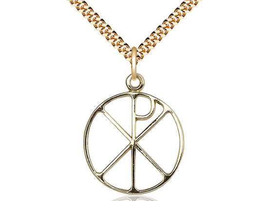 14kt Gold Filled Chi Rho Pendant on a 24 inch Gold Plate Heavy Curb Chain - Unique Catholic Gifts