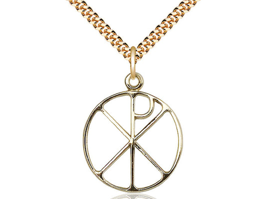 14kt Gold Filled Chi Rho Pendant on a 24 inch Gold Plate Heavy Curb Chain - Unique Catholic Gifts