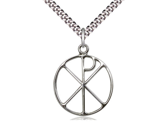 Sterling Silver Chi Rho Pendant on a 24 inch Light Rhodium Heavy Curb Chain - Unique Catholic Gifts
