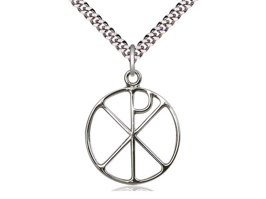 Sterling Silver Chi Rho Pendant on a 24 inch Light Rhodium Heavy Curb Chain - Unique Catholic Gifts