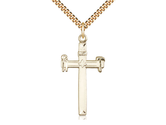 14kt Gold Filled Carpenter Cross Pendant on a 24 inch Gold Plate Heavy Curb Chain - Unique Catholic Gifts