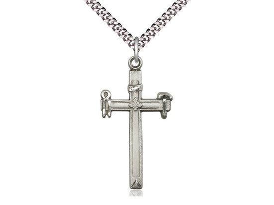 Sterling Silver Carpenter Cross Pendant on a 24 inch Light Rhodium Heavy Curb Chain - Unique Catholic Gifts