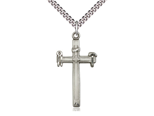 Sterling Silver Carpenter Cross Pendant on a 24 inch Light Rhodium Heavy Curb Chain - Unique Catholic Gifts