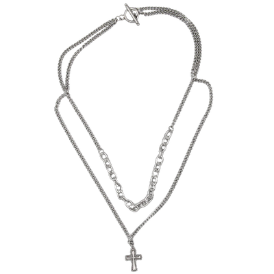2 Strand Silver-Tone Chain Necklace with Cross - Unique Catholic Gifts