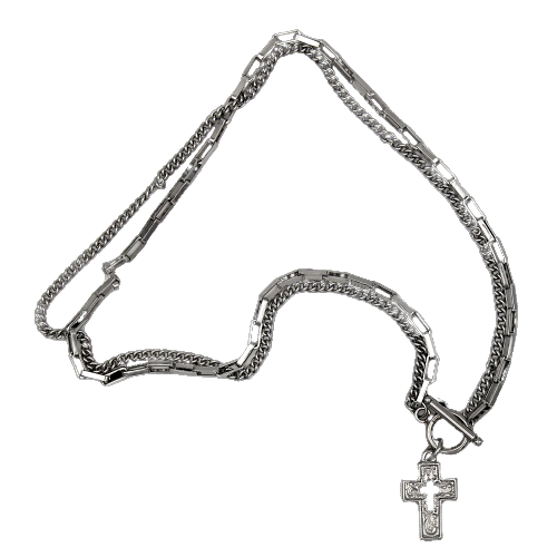 2 Strand Silver-Tone Chain and Link Necklace with Cross - Unique Catholic Gifts