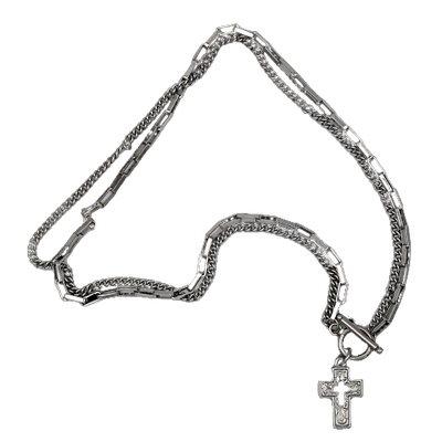 2 Strand Silver-Tone Chain and Link Necklace with Cross - Unique Catholic Gifts