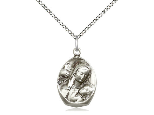 Sterling Silver Madonna & Child Pendant on a 18 inch Sterling Silver Light Curb Chain - Unique Catholic Gifts