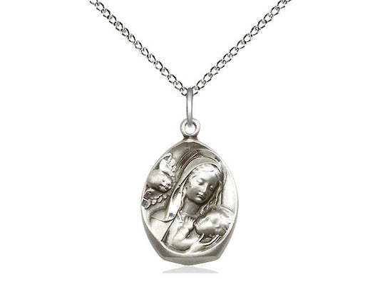 Sterling Silver Madonna & Child Pendant on a 18 inch Sterling Silver Light Curb Chain - Unique Catholic Gifts