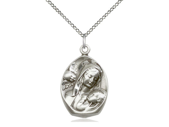 Sterling Silver Madonna & Child Pendant on a 18 inch Sterling Silver Light Curb Chain - Unique Catholic Gifts
