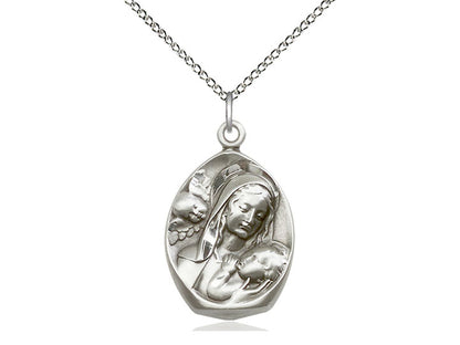 Sterling Silver Madonna & Child Pendant on a 18 inch Sterling Silver Light Curb Chain - Unique Catholic Gifts