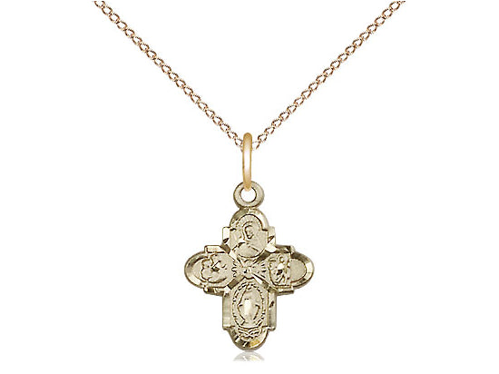 14kt Gold Filled 4-Way Pendant on a 18 inch Gold Filled Light Curb Chain - Unique Catholic Gifts
