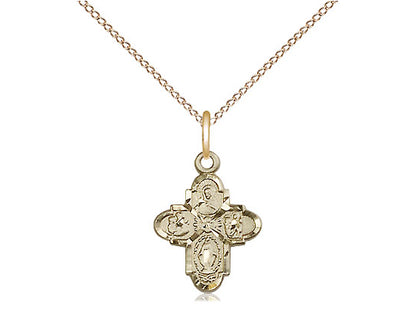 14kt Gold Filled 4-Way Pendant on a 18 inch Gold Filled Light Curb Chain - Unique Catholic Gifts