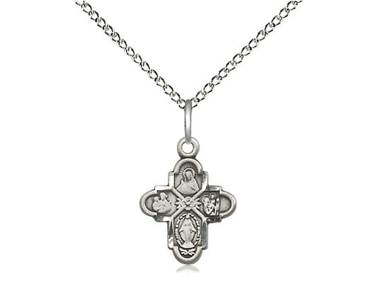 Sterling Silver 4-Way Pendant with 18 inch Sterling Silver Light Curb Chain - Unique Catholic Gifts