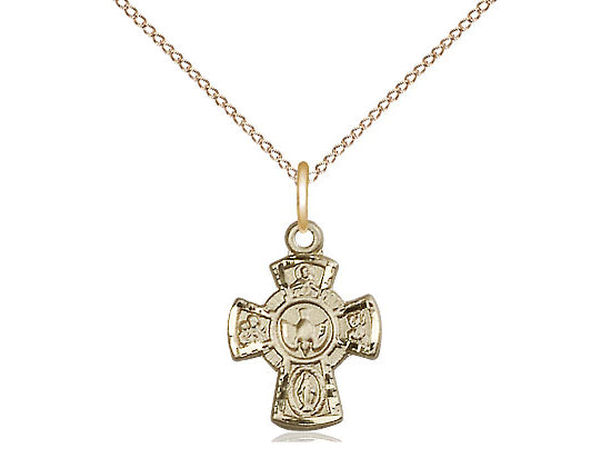 14kt Gold Filled 5-Way Pendant on a 18 inch Gold Filled Light Curb Chain - Unique Catholic Gifts