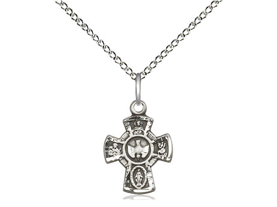Sterling Silver 5-Way Pendant on a 18 inch Sterling Silver Light Curb Chain - Unique Catholic Gifts