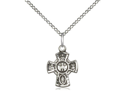 Sterling Silver 5-Way Pendant on a 18 inch Sterling Silver Light Curb Chain - Unique Catholic Gifts