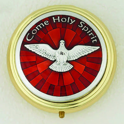 Silver toned Holy Spirit Pyx with Red Enamel 2 3/8