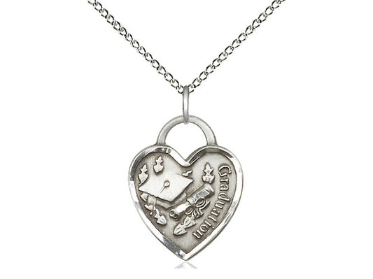 Sterling Silver Graduation Heart Pendant on a 18 inch Sterling Silver Light Curb Chain - Unique Catholic Gifts
