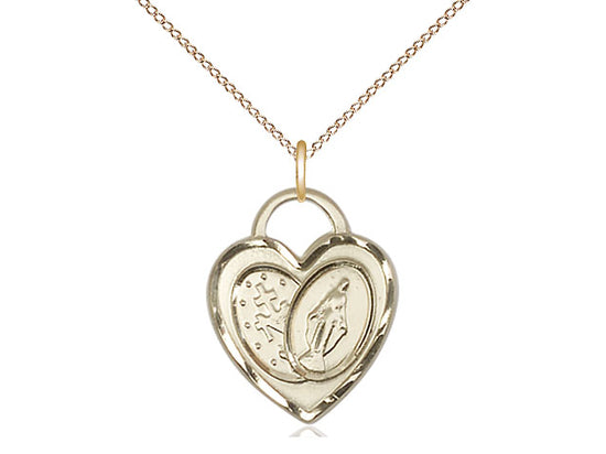 14kt Gold Filled Miraculous Heart Pendant on a 18 inch Gold Filled Light Curb Chain - Unique Catholic Gifts