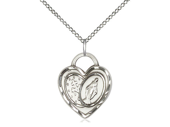 Sterling Silver Miraculous Heart Pendant on a 18 inch Sterling Silver Light Curb Chain. - Unique Catholic Gifts