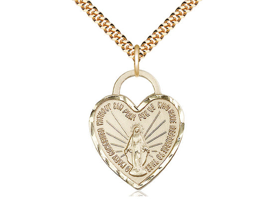 14kt Gold Filled Miraculous Heart Pendant on a 24 inch Gold Plate Heavy Curb Chain - Unique Catholic Gifts