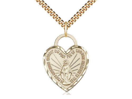 14kt Gold Filled Miraculous Heart Pendant on a 24 inch Gold Plate Heavy Curb Chain - Unique Catholic Gifts