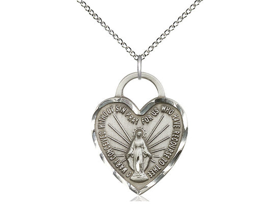 Sterling Silver Miraculous Heart Pendant on a 18 inch Sterling Silver Light Curb Chain - Unique Catholic Gifts