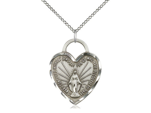 Sterling Silver Miraculous Heart Pendant on a 18 inch Sterling Silver Light Curb Chain - Unique Catholic Gifts