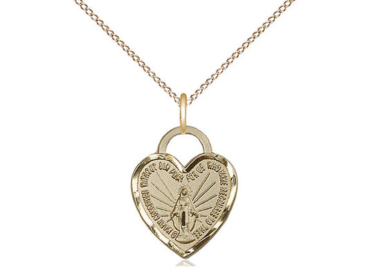14kt Gold Filled Miraculous Heart Pendant on a 18 inch Gold Filled Light Curb Chain - Unique Catholic Gifts