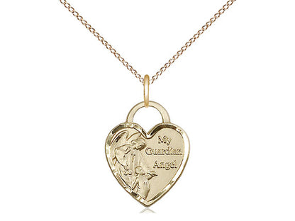 14kt Gold Filled Guardian Angel Heart Pendant on a 18 inch Gold Filled Light Curb Chain - Unique Catholic Gifts