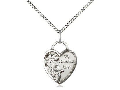 Sterling Silver Guardian Angel Heart Pendant on a 18 inch Sterling Silver Light Curb Chain - Unique Catholic Gifts
