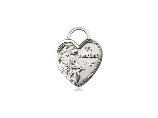 Sterling Silver Guardian Angel Heart Pendant on a 18 inch Sterling Silver Light Curb Chain - Unique Catholic Gifts