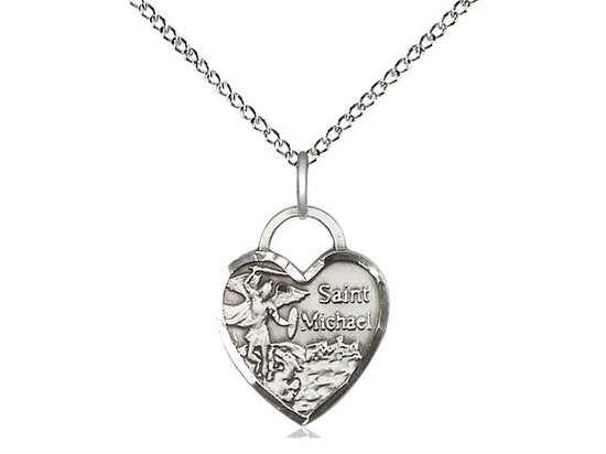 Sterling Silver St Michael Heart Pendant on a 18 inch Sterling Silver Light Curb Chain - Unique Catholic Gifts